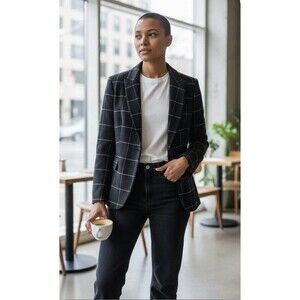 ZARA BASIC Women's Black White Check L Notch Lapel Wool Blend Blazer Elbow Patc…